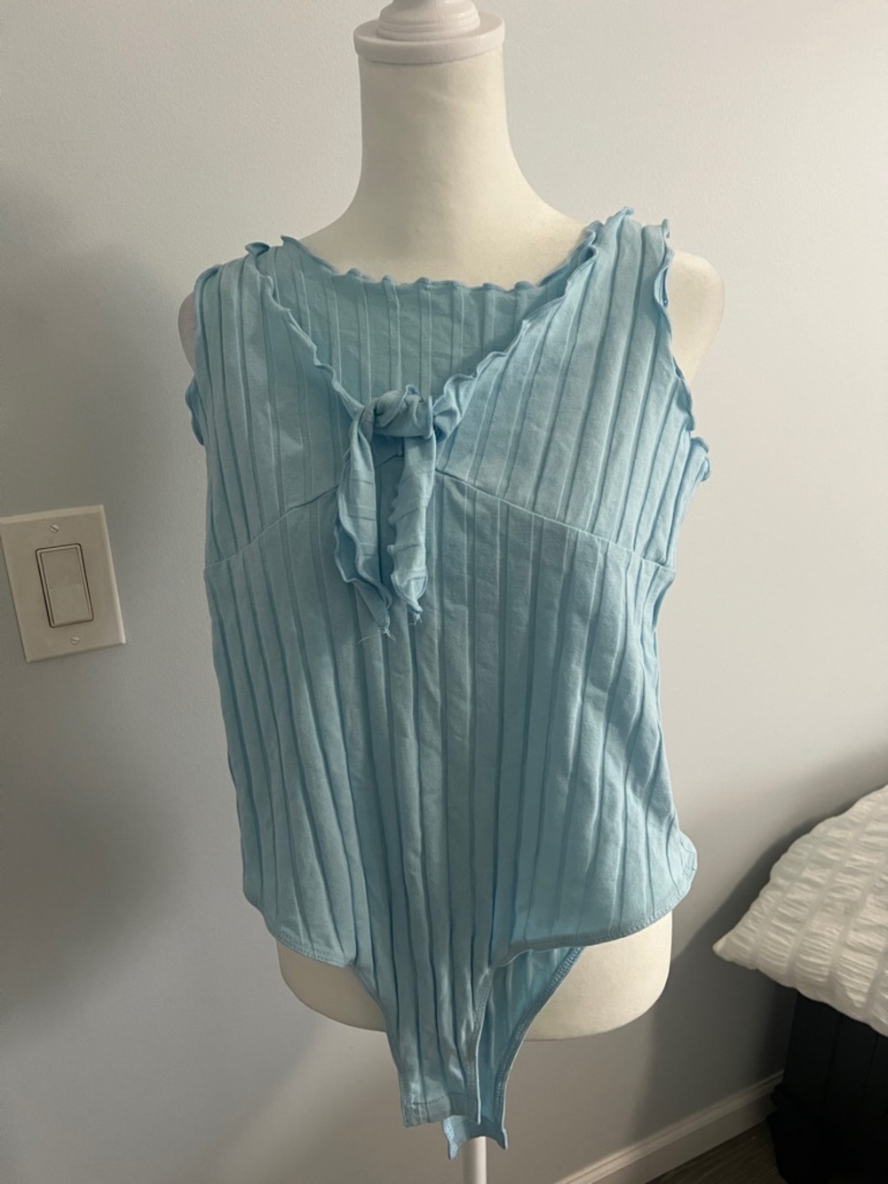 Light Blue Pleated Tie-Front Sleeveless Bodysuit